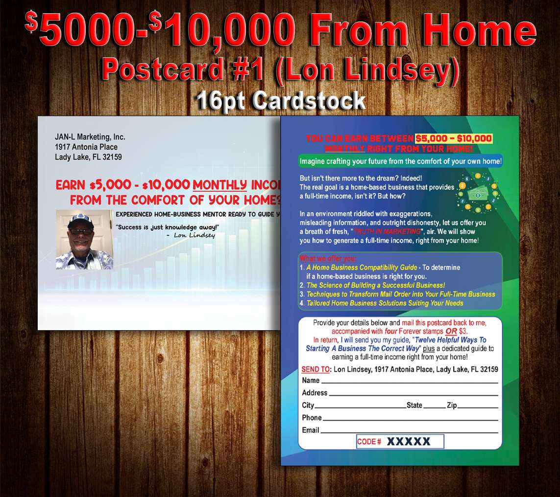 $5000 - $1000 From Home Postcard (Lon Lindsey)